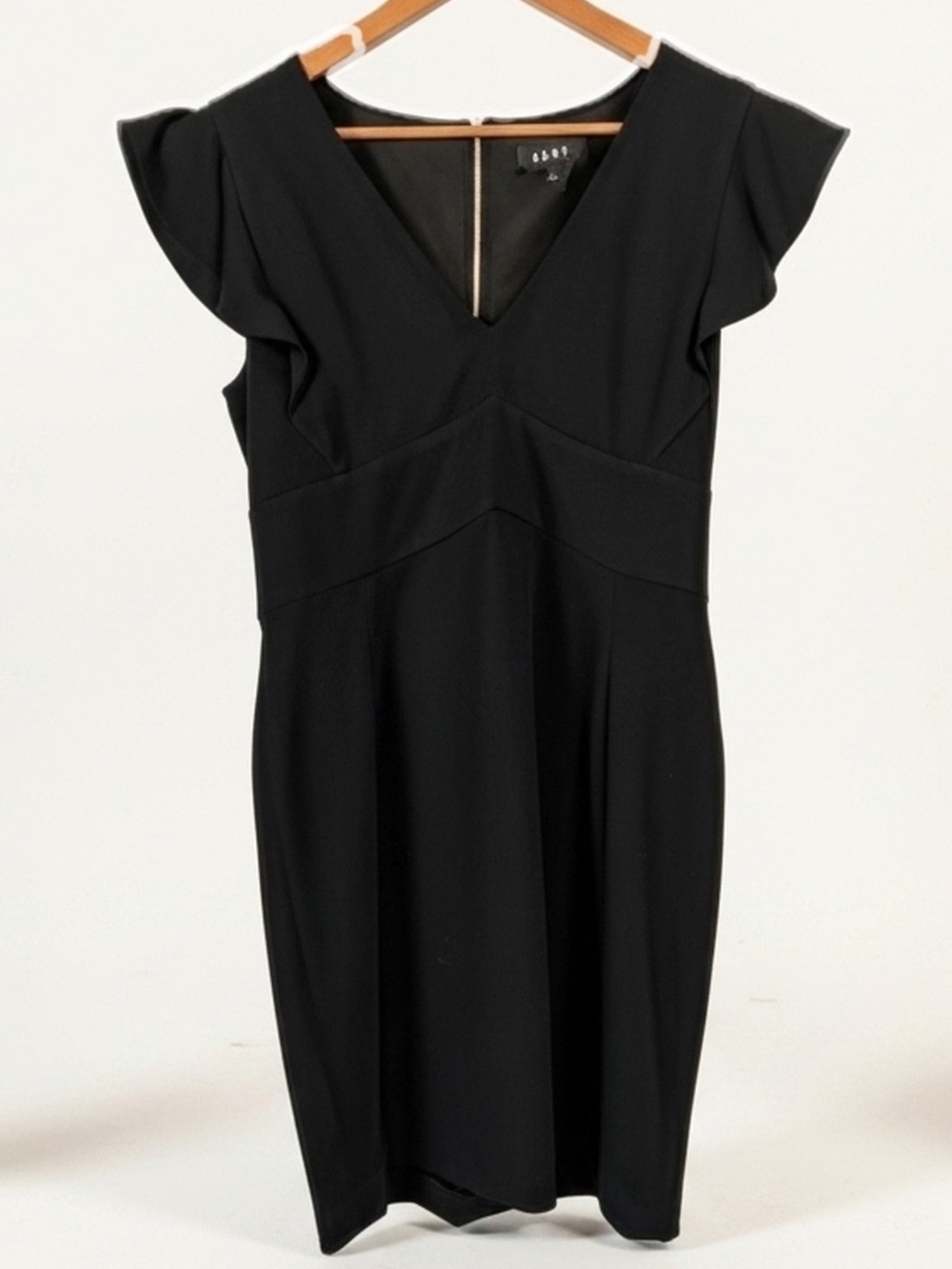 DKNY Black Flutter Ruffle Sleeve V-Neck Midi Sheath LBD Dress Size 12